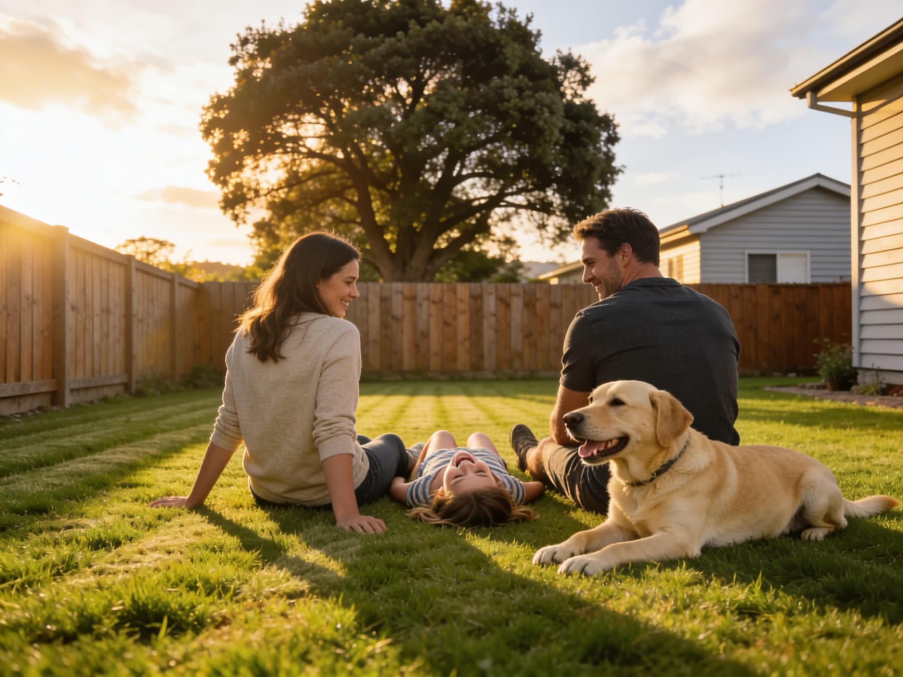 Family relaxing on a clean backyard lawn with their Labrador at sunset
