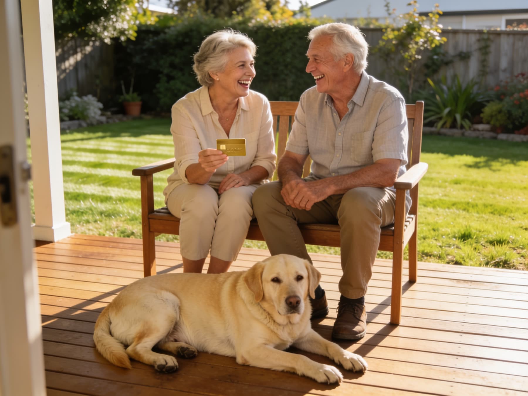Retired couple on their deck with their Labrador, holding a gold card