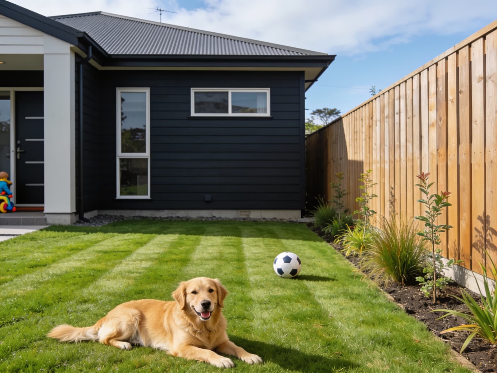 Golden retriever lying on a striped lawn in a newer Auckland backyard