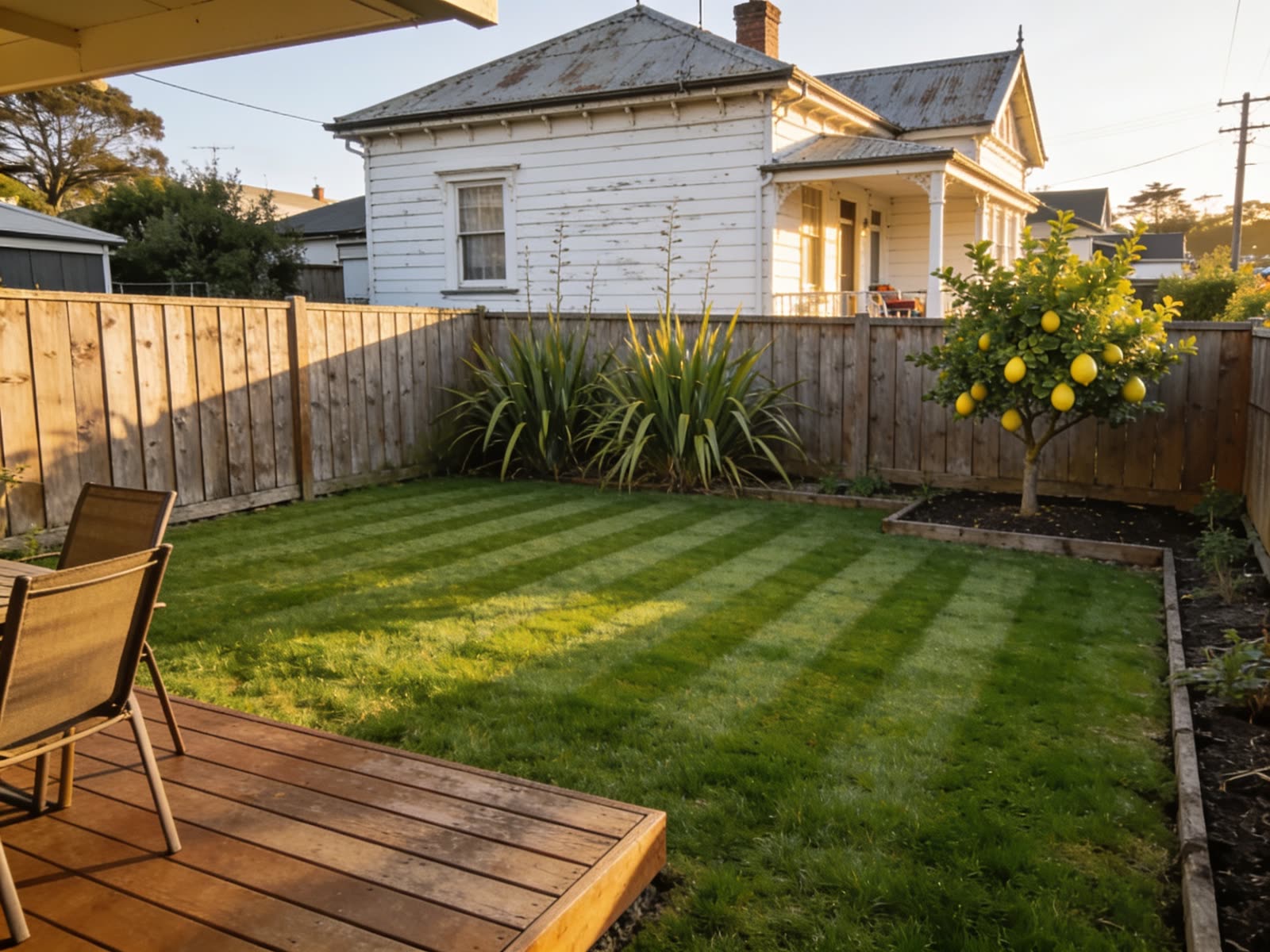 Freshly mown lawn behind a white weatherboard villa with a timber deck and lemon tree
